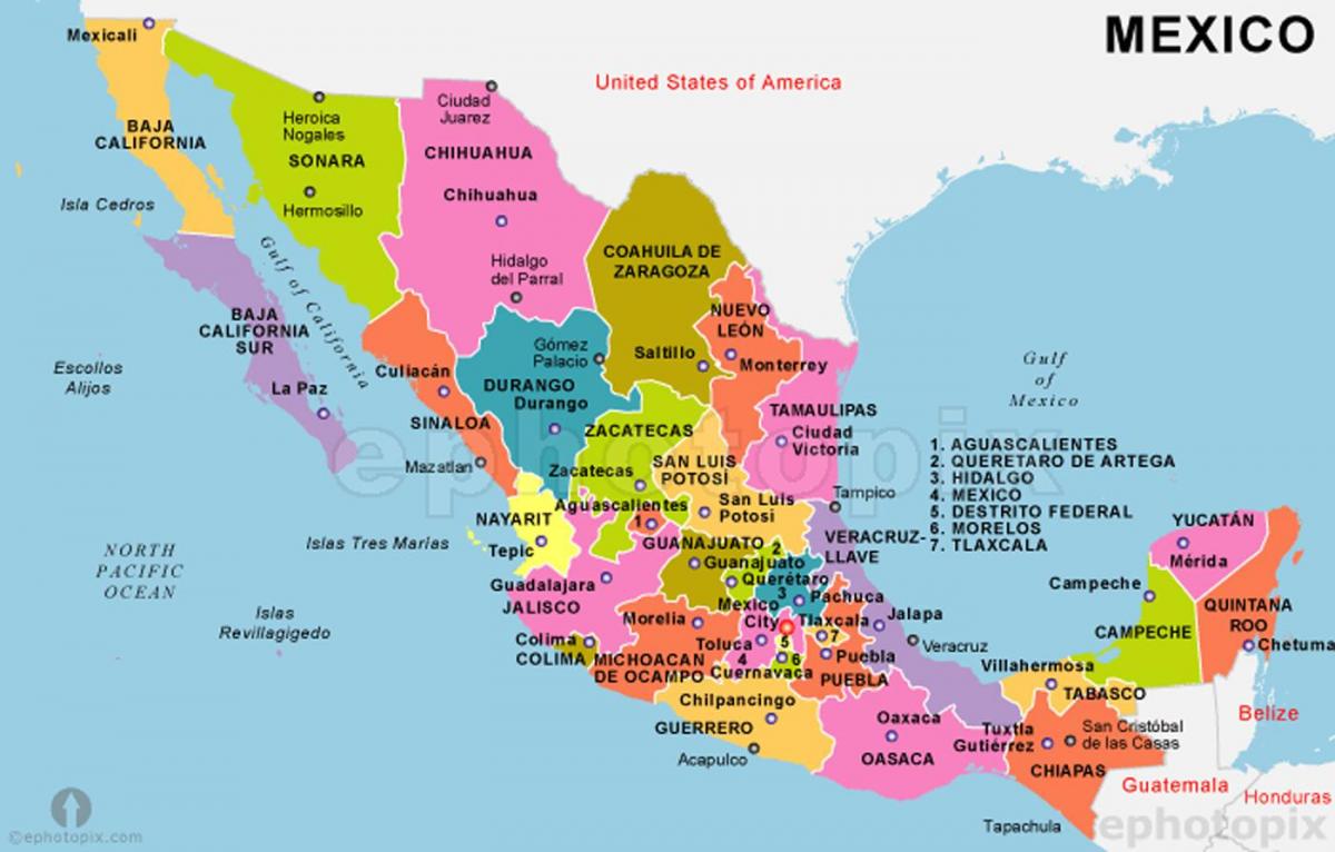 Мексико карта на държави и столици
